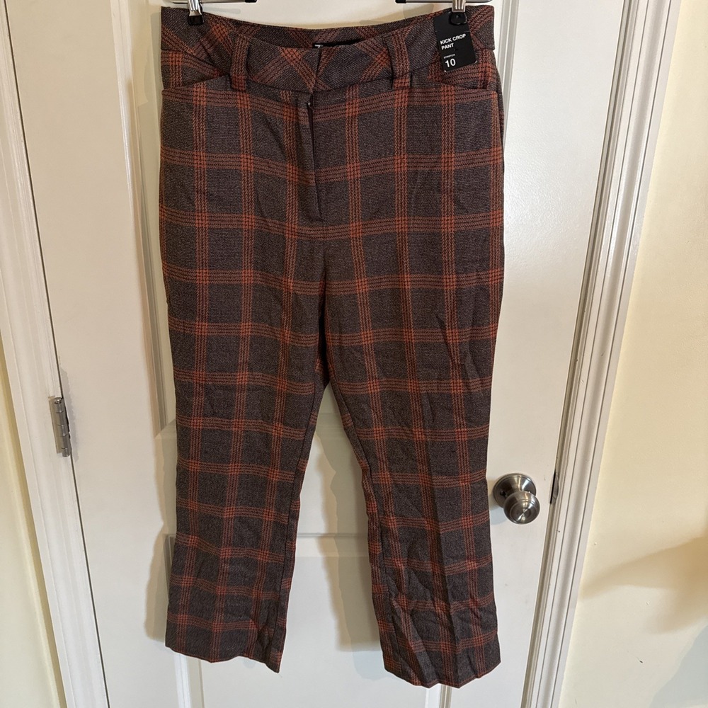 New York & Company Kick Crop Pant Size 10 Brown & Orange Plaid NWT Fall